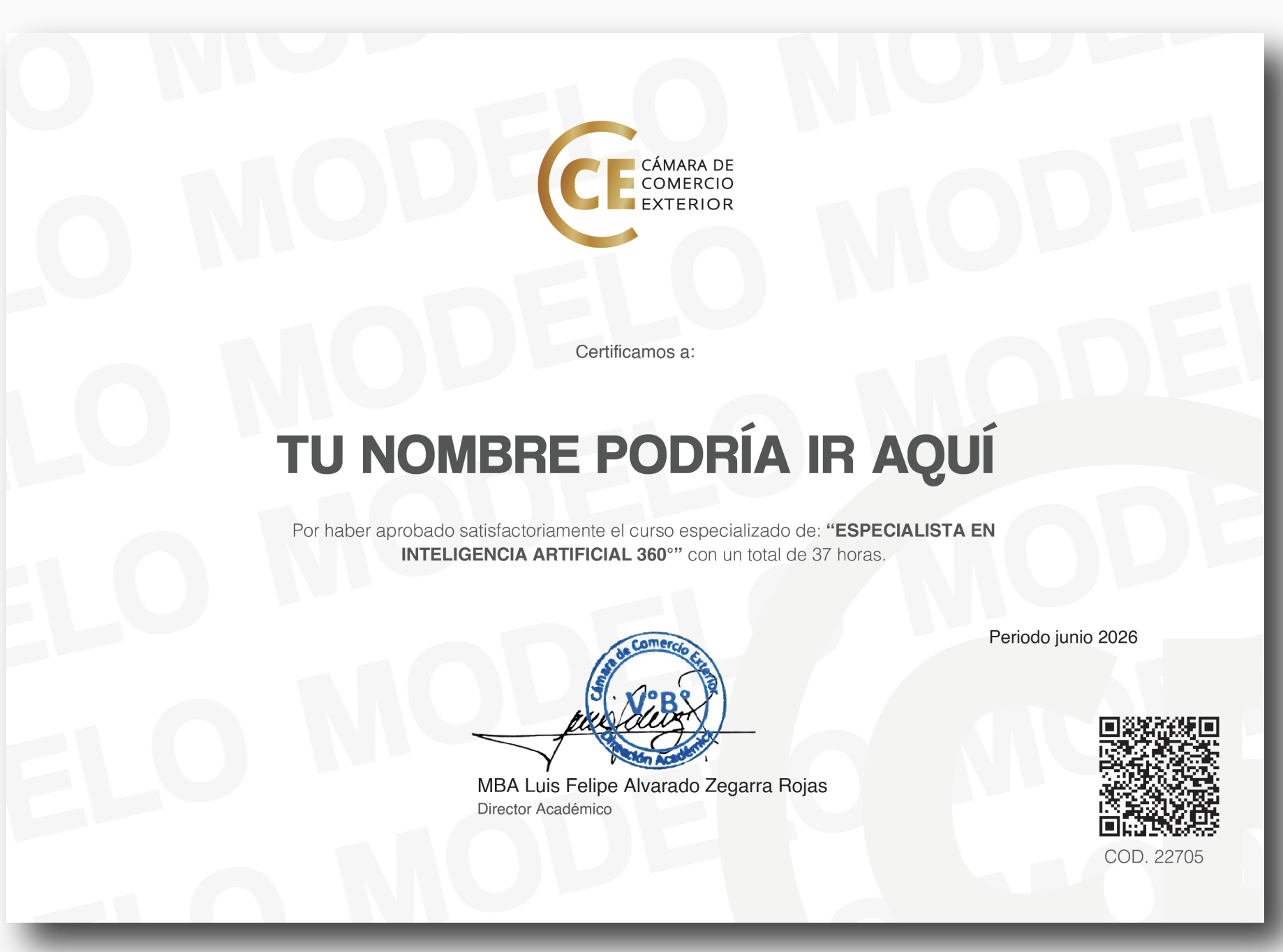 Modelo de certificado de la Cámara de Comercio Exterior