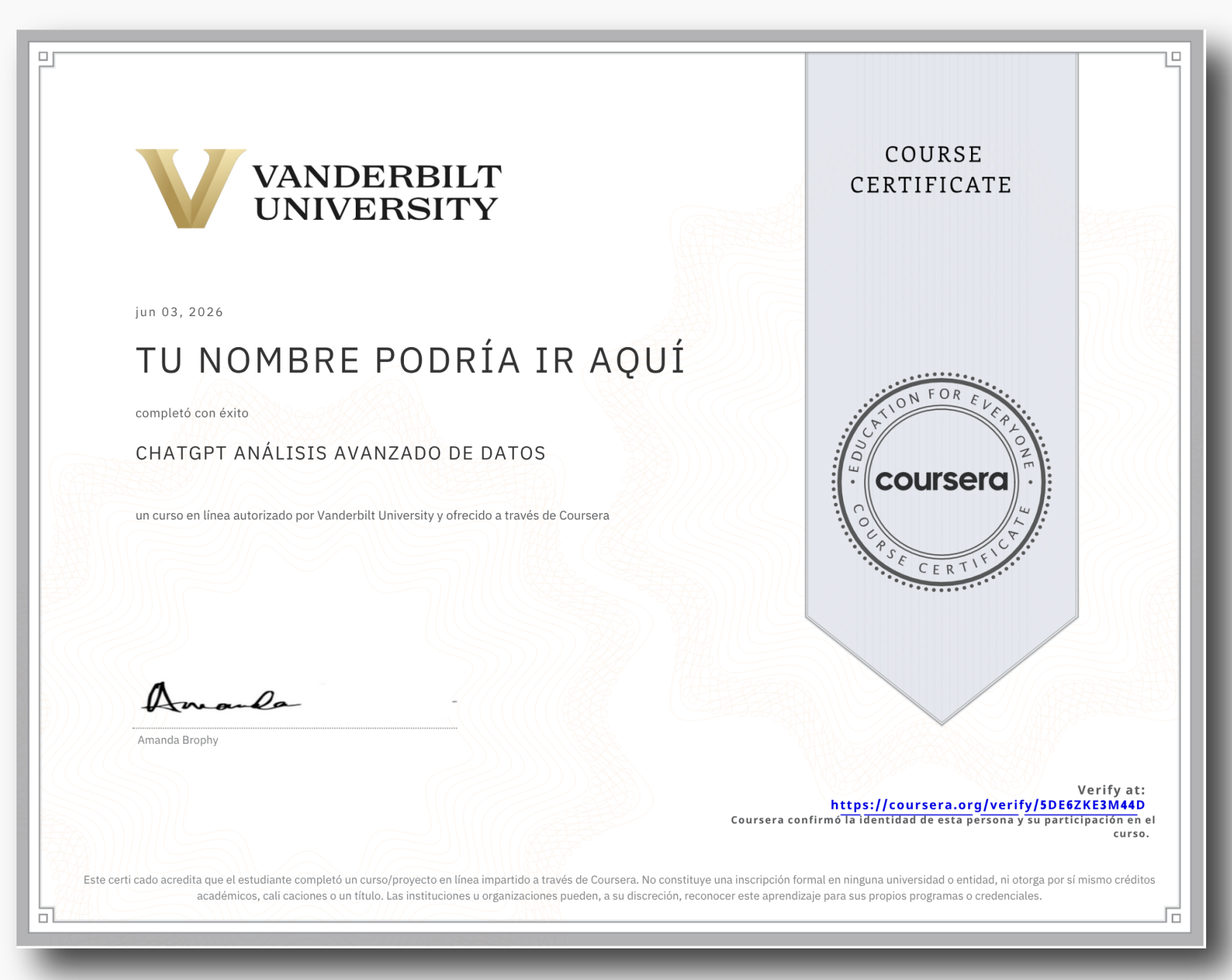 Certificado de Vanderbilt University vía Coursera